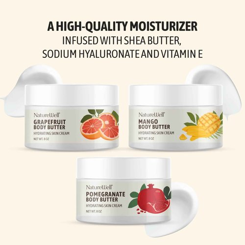 NATURE WELL Shea Body Butter Variety Pack, Includes Grapefruit, Mango, & Pomegranate, Provides Ultimate Nourishment & Hydration, 3 Pack (8 Oz Ea)