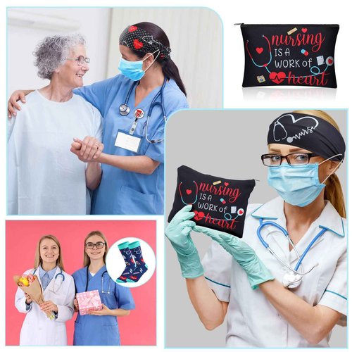 Colarr 36 Pcs Nurse Appreciation Gift Set Include Nurse Makeup Bag Nursing Headbands Hair Nurse Scrunchie Nurses Socks Nurse Ballpoint Pens Nurse Badge Holder Reel Nurse Week Day Gifts for Nurse