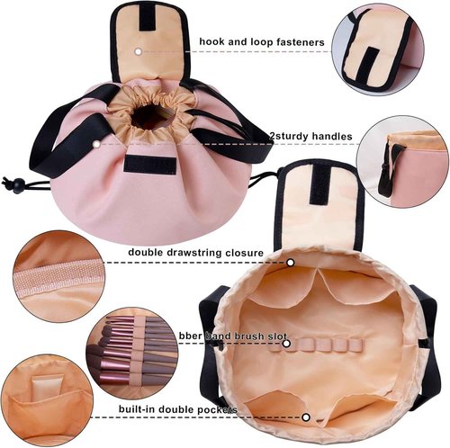 FANGENKE Drawstring Makeup Organizer,Lay Barrel Makeup Bag Cosmetic Bag Toiletry Bag for Travel,Portable Waterproof Make Up Bags for Women Brush Toiletries Accessories (Pink, Large)