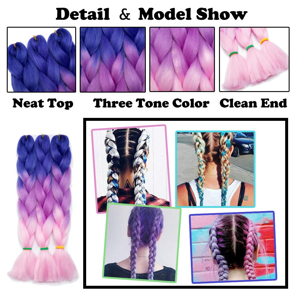 24 Inch Ombre Jumbo Braiding Hair Extensions Jumbo Braid Hair Ombre Long Jumbo Braids For Box Twist Braid Crochet Hair High Temperature Fiber 3 Tone Colored (5 Bundles, Black to Dark Purple)