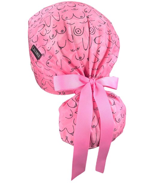 CALOMED Scrub Cap for Women and Men, Ponytail Scrub Caps, Working Hat, Head Cover with Ribbon Ties and Buttons, Long Hair (Boobs on Pink)
