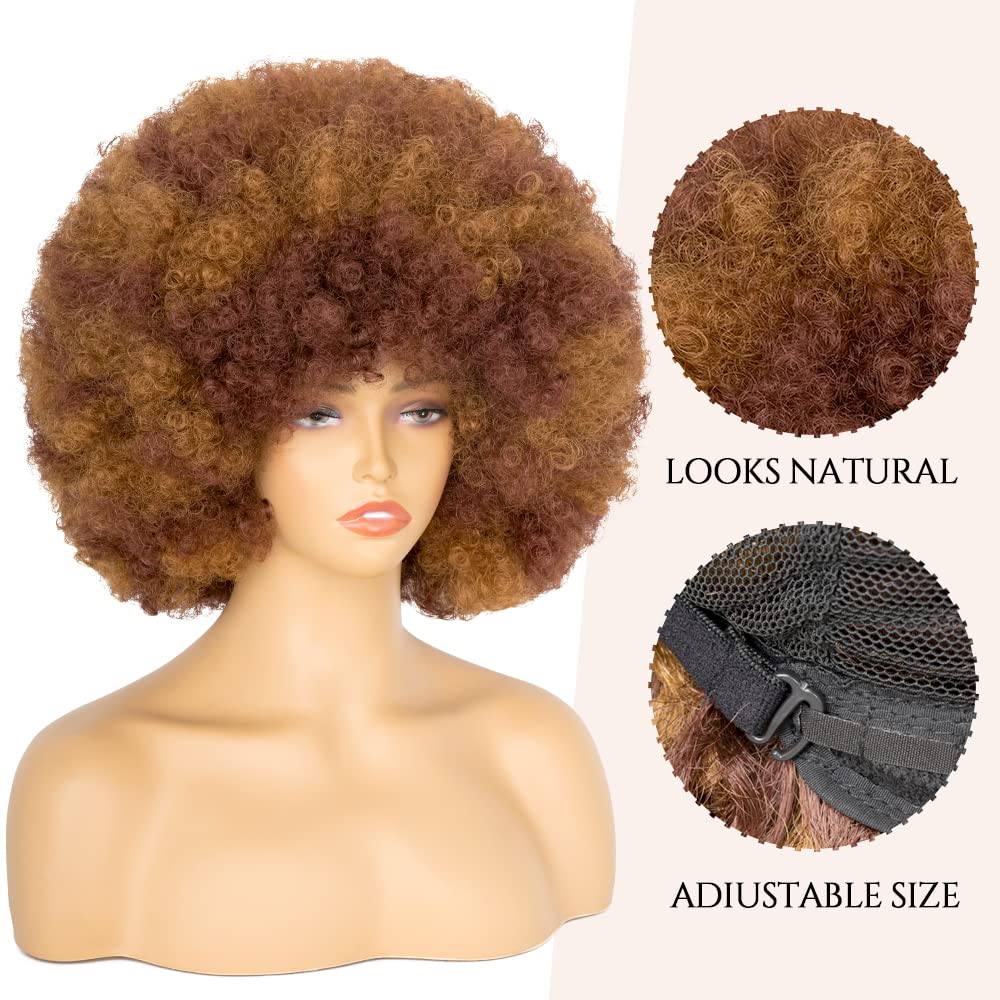 70's Afro Wig for Women, Mixed Brown Short Afro Kinky Curly Wig, Glueless Synthetic Wig with Bangs, Puffy & Fluffy Bouncy Afro Wig for Daily Cosplay Party