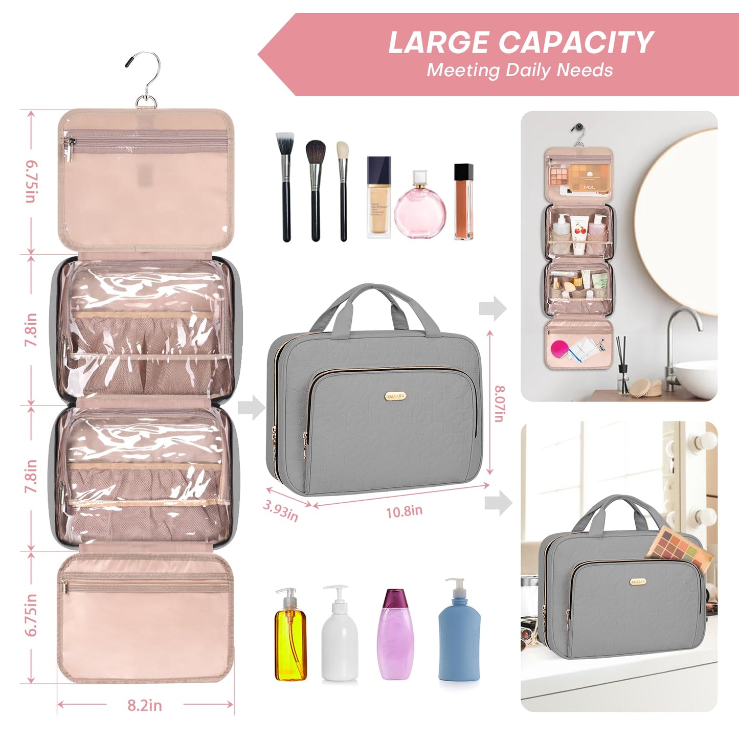 BALULHG Toiletry Bag with Hanging Hook, Portable Makeup Cosmetic Bags, Space-efficient, Collapsible Moving, making it more suitable for Travel