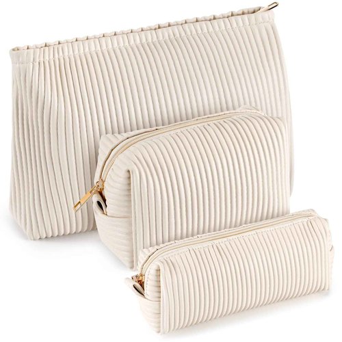 Talltalk 3 Pcs Cosmetic Makeup Bag for Women Portable Travel Toiletry Cosmetic Pouch Cute Bag Accessories Brushes Storage Organizer for Daily Use, 3 Sizes(Pu Leather,Elegant)