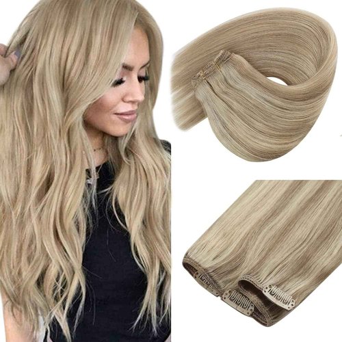 Sunny Hair Clip in Hair Extensions Straight Human Hair Clip in Extensions Remy Clip in Hair Extensions Real Human Hair Extensions Clip ins Golden Blonde Highlights Light Blonde 12inch