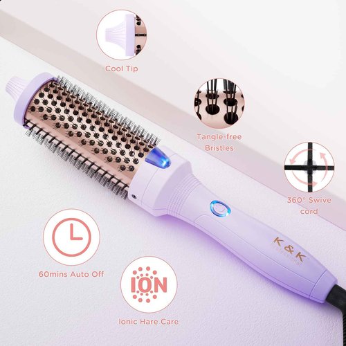 K&K 1.5 inch Volumizing Brush Heated Curling Ceramic Tourmaline Ionic Curling Iron Quick Heating Makes Hair Silky Smooth Dual Voltage Travel-Friendly Straightening Round Design (Purple, 1.5 Inch)