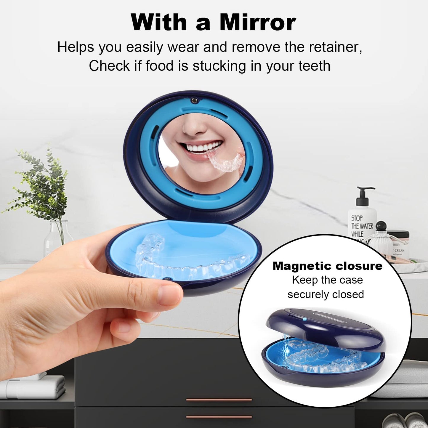 2PCS Retainer Case with Mirror and Adjustable Vent Holes, Cute Slim Aligner Case Compatible with Invisalign, Night Mouth Guard Case, With Retainer Remover Tool, Chew & Brush, White+Blue