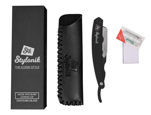 Stylonik Professional Straight Edge Barber Razor – 60 Single/30 Double-Sided Stainless Steel Blades for Men & Women, with Leather Case (Silver)