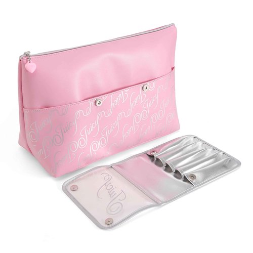 Juicy Couture Pink Makeup Bag Cosmetics Organizer Travel Essentials Removable Brush Holder Retro Style Faux Leather