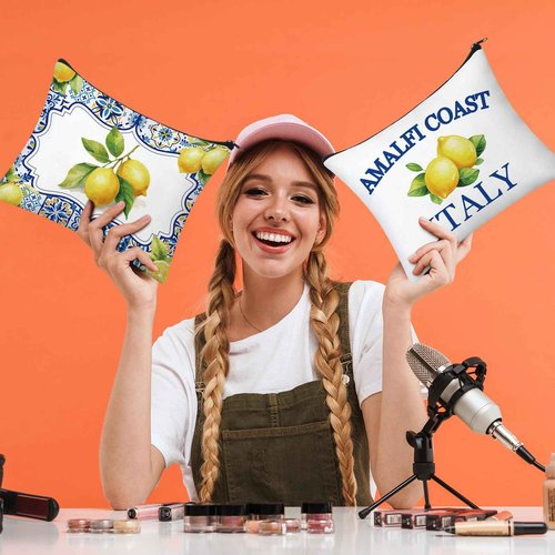 Sunnymove 9 Pcs Amalfi Coast Cosmetic Bag Italy Lemons Canvas Makeup Bags Romantic Lemon Themed Travel Pouch Souvenir Gift for Women Girls Bachelorette Friend Birthday