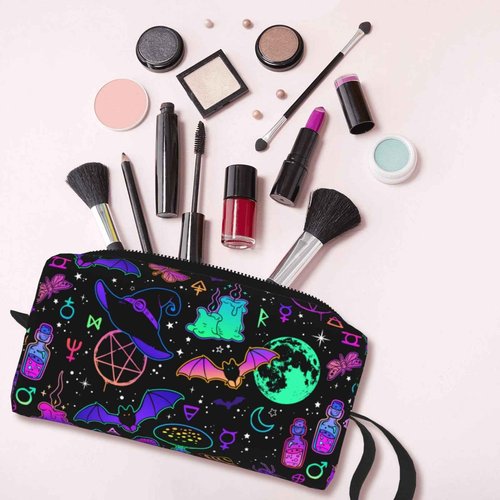 JKJOJIA Witchcraft Witch Witchy Bat Goth Makeup Bag Organizer Small Cosmetic Bags Portable Travel Toiletry Bag With Handle Simple Accessories Storage Zipper Pouch For Women Girl