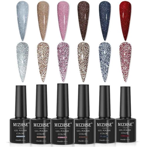 MIZHSE Diamond Gel Nail Polish, Reflective Colorful Glitter Gel Polish Set Reflective Diamond Gel Nail Polish, Sliver Glitter Gel Polish Set