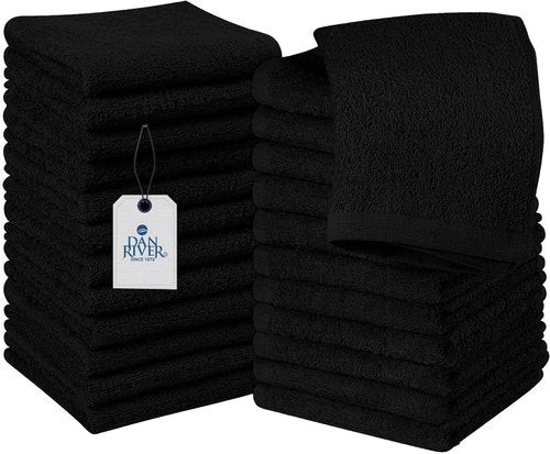 DAN RIVER 100% Cotton Wash Cloths 24 Pack [12x12] Soft & Absorbent wash Cloths for Body, Gym, Hotels & Spa Perfect for Everyday Use Fingertip Towels, Black
