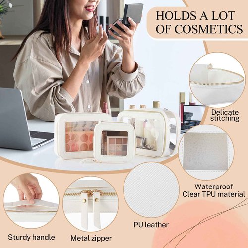 4 Pcs Leather Clear Makeup Bags Set for Women Travel Clear Cosmetic Case Toiletry Bags with Zipper Makeup Brush Case Waterproof Organizer Storage for Women Men Travel Accessories, 4 Sizes(White)