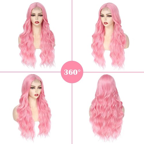 Angzon Long Pink Wavy Wig Middle Part for Women 26 Inch Light Pink Curly Wavy Wigs Natural Looking Synthetic Heat Resistant Fiber Wig for Daily Party Use