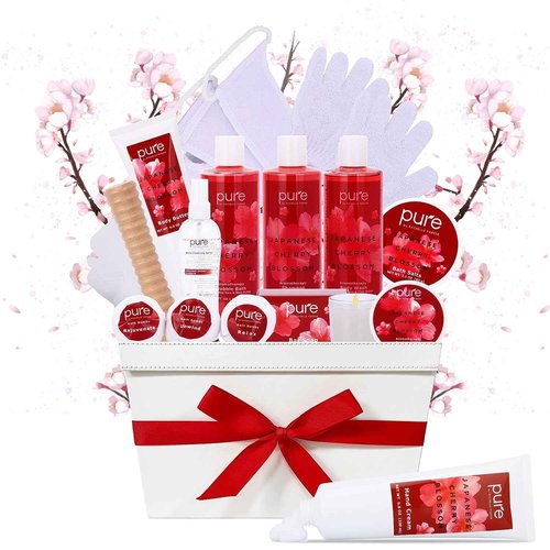 Spa Gift Basket For Women - Japanese Cherry Blossom Spa Set. Christmas Bath and Body Gift Basket for Girlfriend/Wife. Bath & Body for Holiday Gift #1 Spa Basket for Her