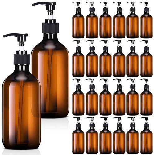 Tessco for you 24 Pcs Amber Soap Dispenser Empty Plastic Pump Bottles Refillable Shampoo Container for Hand Sanitizer Soap Lotion Body Wash Conditioner Bathroom Kitchen Travel, 8.45oz