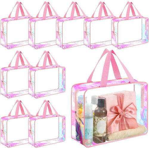 Sweetude 10 Pcs Large Clear Toiletry Bag Large Capacity Travel Iridescent Makeup Bag PVC Clear Plastic Tote Punch Cosmetic Clothes Organizer for Women Men(Pink)