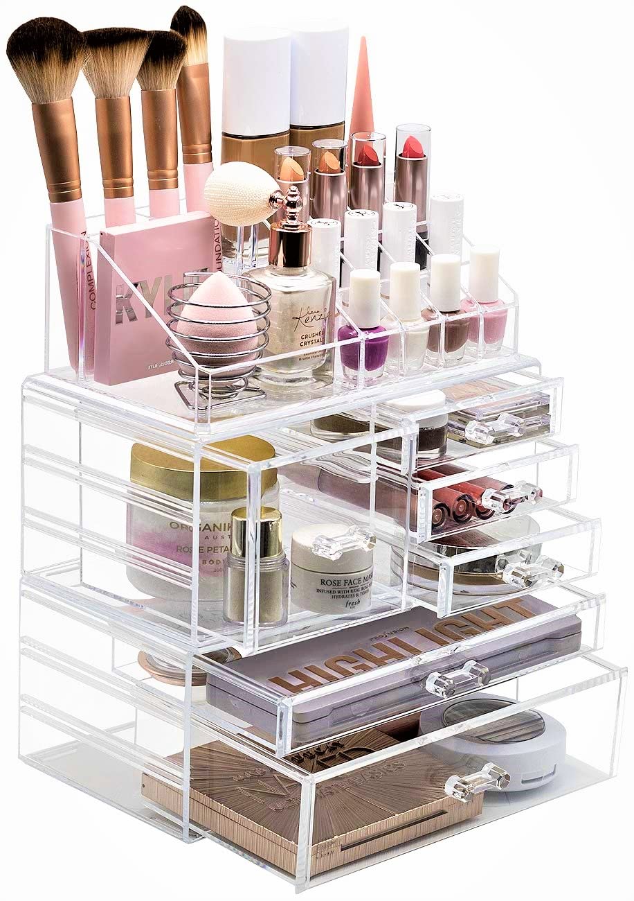 Sorbus Large Clear Makeup Organizer - Detachable 3-Piece Jewelry & Make Up Organizers and Storage Set - Spacious Cosmetic Display Tower - Makeup Organizer for Vanity, Bathroom, Dresser & Countertop