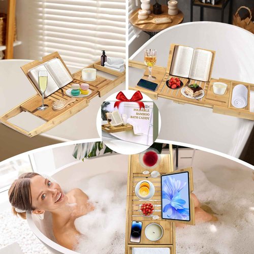 my novel things Bathtub Tray, Foldable Bath Tray for tub, Bamboo Bathtub Trays for tub, Luxurious Bath Accessories with Wine, Book & Tablet Holder - Expandable Size Fits Most Tubs - Wedding Gifts