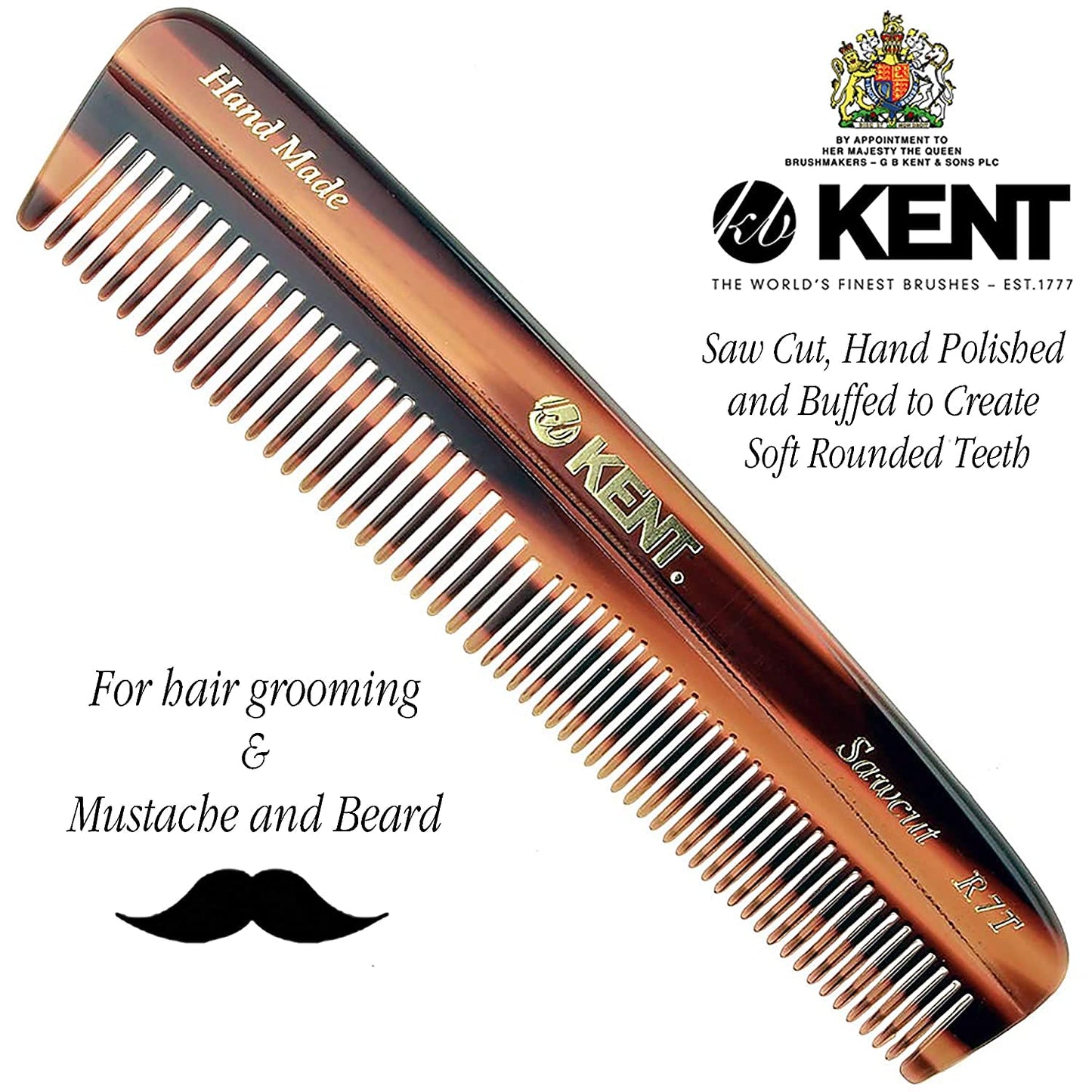 Kent R7T THE APSLEY Limited Edition Double Tooth Hair Pocket Comb, Small Fine/Wide Tooth Comb for Styling Hair, Beard and Mustache for Men, Women and Kids. Saw Cut Hand Polished. Handmade in England