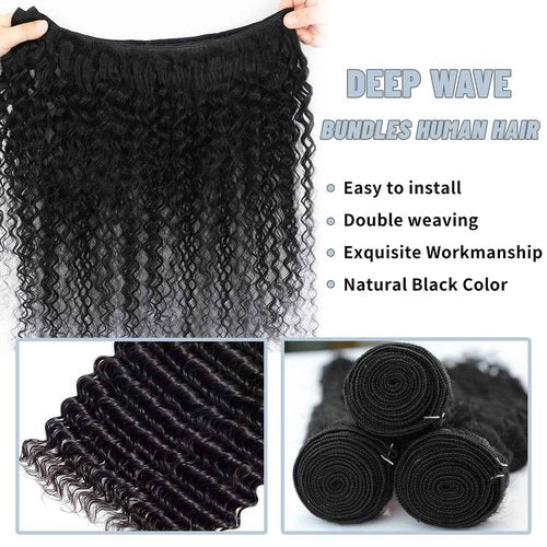 Deep Wave Bundles Human Hair 18 Inch 1 Bundle Human Hair 12A 100% Unprocessed Brazilian Virgin Hair Curly Weave Bundles Real Human Hair Extensions Natural Black