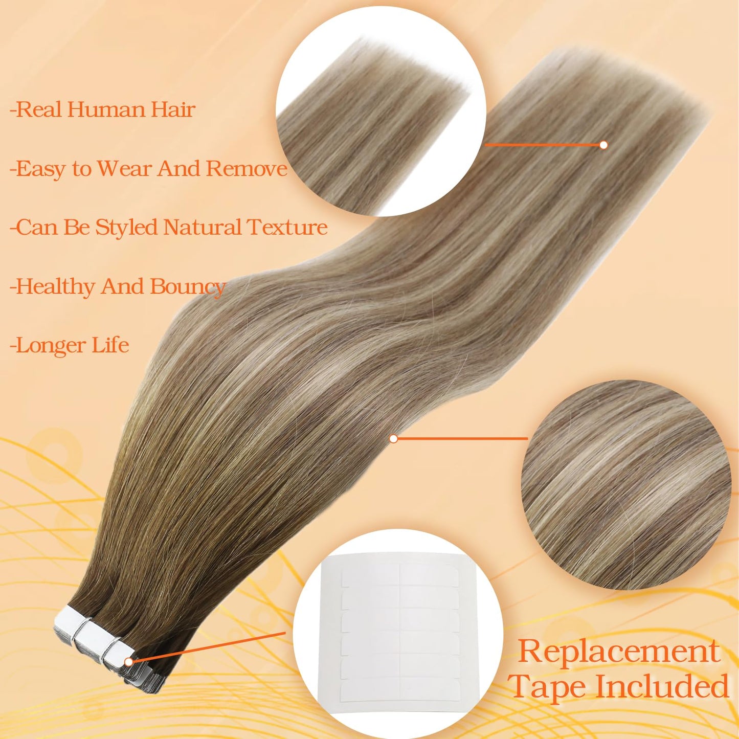 Full Shine Human Hair Tape Extensions 12 Inch Darker Brown to Ash Brown Highlight Medium Blonde Tape ins for Women Pu Tape in Hair 30g 20 Pcs,3/8/22 Seamless Tape in Hair Extensions Remy Human Hair