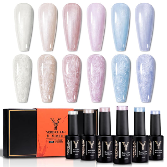 YOKE FELLOW Pearl Gel Nail Polish Set, 6 Pcs 10ML White Champange Pink Purple Blue Shimmer Mermaid Soak Off UV Led Gel Polish Shell Thread Effect for Women Girls