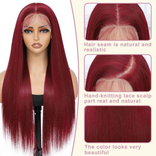 Koreyo 99j Burgundy Wig, Synthetic Lace Front Wig Pre-Plucked 13x4 HD Transparent 26 inch Long Straight Wine Red Lace Front Wig For Black Women Suitable For Everyday Wear
