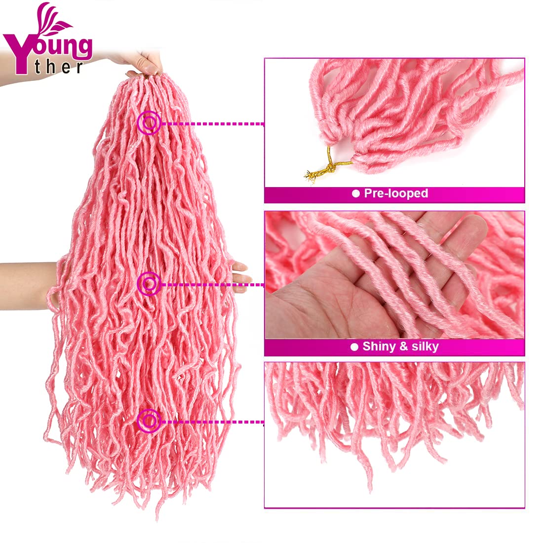 24 inch New Pink Soft Locs Crochet Hair Most Natural Pink Faux Locs Crochet Hair for Black Women Goddess Locs Synthetic Braiding Hair Extensions (24 Inch (Pack of 6), Pink)