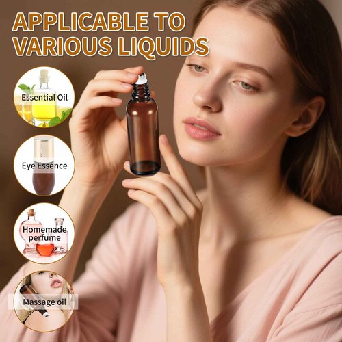 10ML Roller Bottles for Essential Oil, 4 Pack Empty Amber Glass Roller Bottle for Perfume Oil, Roll on Bottles with Stainless Steel Roller Balls, Opener, Funnel and Dropper for Aromatherapy, Massage
