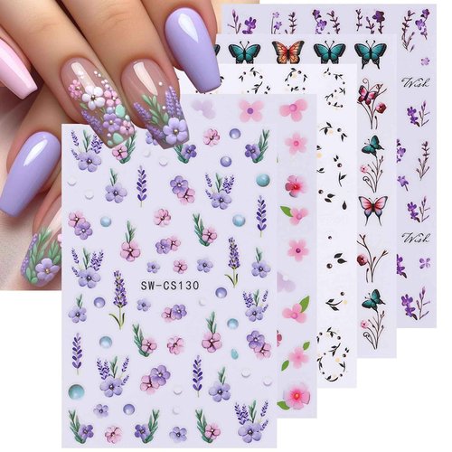 Flower Nail Art Stickers Decals 15 PCS Pink Flower Stickers for Nails with Tweezers 3D Self-Adhesive Summer Cherry Blossom Butterfly Florals Decals Tropical Nail Art Design Decoration for Women