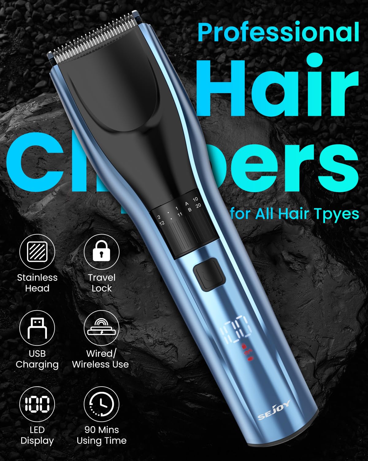 Hair Clippers for Men, Cordless Clippers for Hair Cutting Professional Mens Hair Clippers Rechargeable Hair Trimmer LED Display, 20 Adjustable Lengths