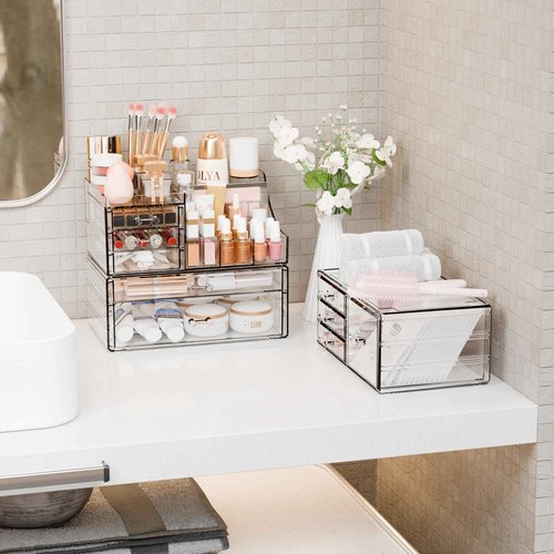 Yieach 3 Pack Clear Makeup Organizer Countertop for Dresser,Vanity and Bathroom Counter Organizer,Tiered Stackable Makeup Acrylic Organizers with 9 Drawer for Skincare,Brush and Make up Holders