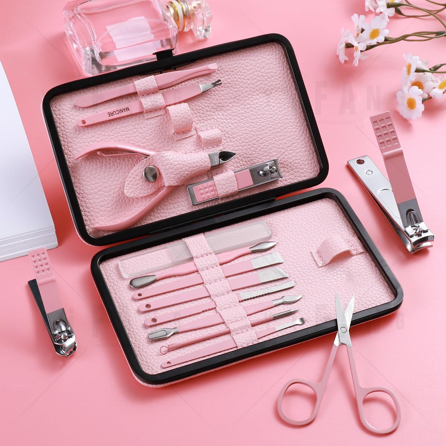 Manicure Set Pedicure Kit Nail Clippers Set Fingernail Clipper Set Ingrown Toenail Nail Kit Scissor Nail Trimmer Kit 15 Pieces Travel Nail Kit Care Grooming Tools with Fine Case Fine GIF (Pink_15in1)