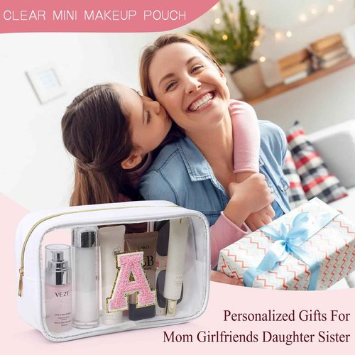 LOFOWN Initial Clear Makeup Bag Small Cosmetic Bag Travel Toiletry Bag Clear Zipper Pouch Purse Organizer Bags for Women (White-M, K)