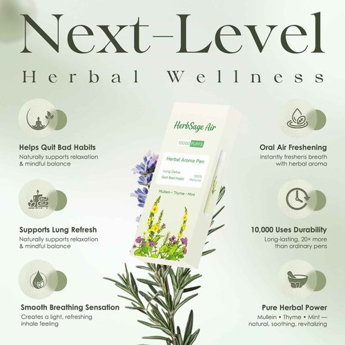 Re-engineered Mullein Herbal Diffuser Pen - ULTRA-LONG Up to 10,000 Uses | All-Natural with Mullein, Thyme & Mint for Lung Cleansing, Freshens Breath & Quitting Bad Habit