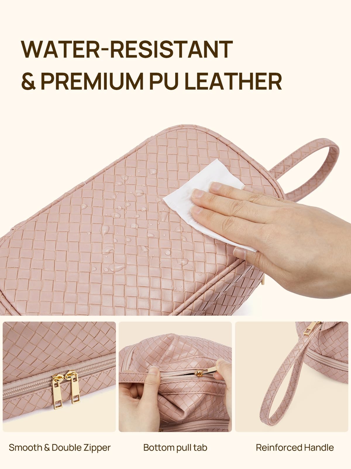 Telena Makeup Bag Large Capacity Travel Cosmetic Bags Double Layer Portable Leather Make Up Bag for Women (Pink - Woven)