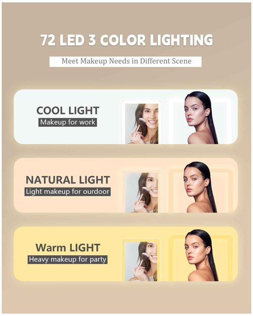 Dec.Metu Travel Mirror with Lights Makeup Mirror Touch Screen 3 Colors Light 72 LEDs Rechargeable, 1000mHA 7.9x5.3-Inch Desk Compact Mirror White