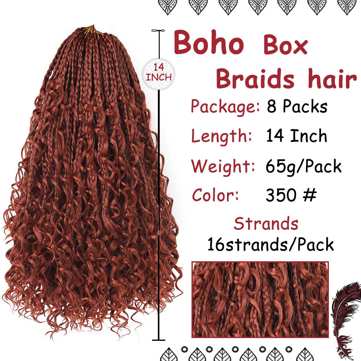 Beverlee 14 Inch Boho Box Braids 8 Packs Goddess Box Braids Crochet Hair Bohemian Hippie Braids Braiding Hair Box Braids with Curly Ends Messy Pre-looped Synthetic Crochet Hair for Women 128 Strands