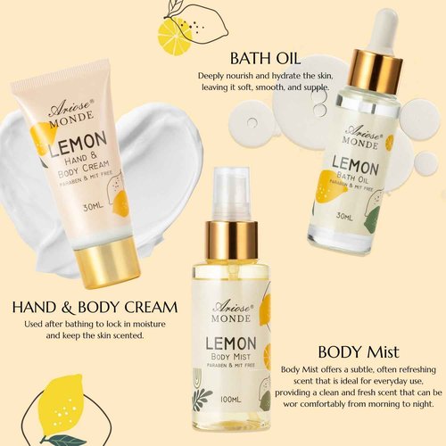 Lemon Scent Bath Spa Gift Box Set for Women - Shower Gel, Bubble Bath, Body Cream, Soap, Salt, Essential Oil