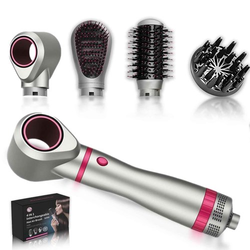 4-in-1 Detachable Blowout Brush - Negative Ionic Hot Air Styler with 4 Brush Heads for Drying, Volumizing, Curling & Straightening with ALCI Safety Plug, 3 Heat Settings