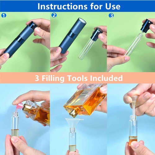 Yikimyfo 5 Pcs Travel Perfume Atomizer Refillable, 8ml/0.27oz Portable Mini Cologne Spray Bottle Travel Size Perfume Refill Bottle with Fine Mist Atomizer and Tool