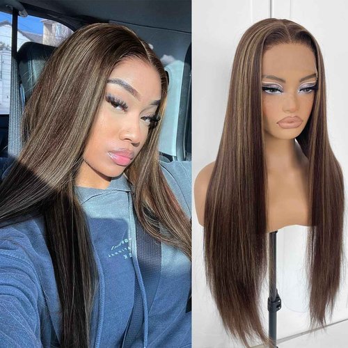 MITIMES 4/27 Highlight Ombre Lace Front Wig Pre Plucked 180 Density Honey Blonde Long Straight Lace Front Wigs Synthetic Glueless Straight Highlight Lace Front Wig 32inch