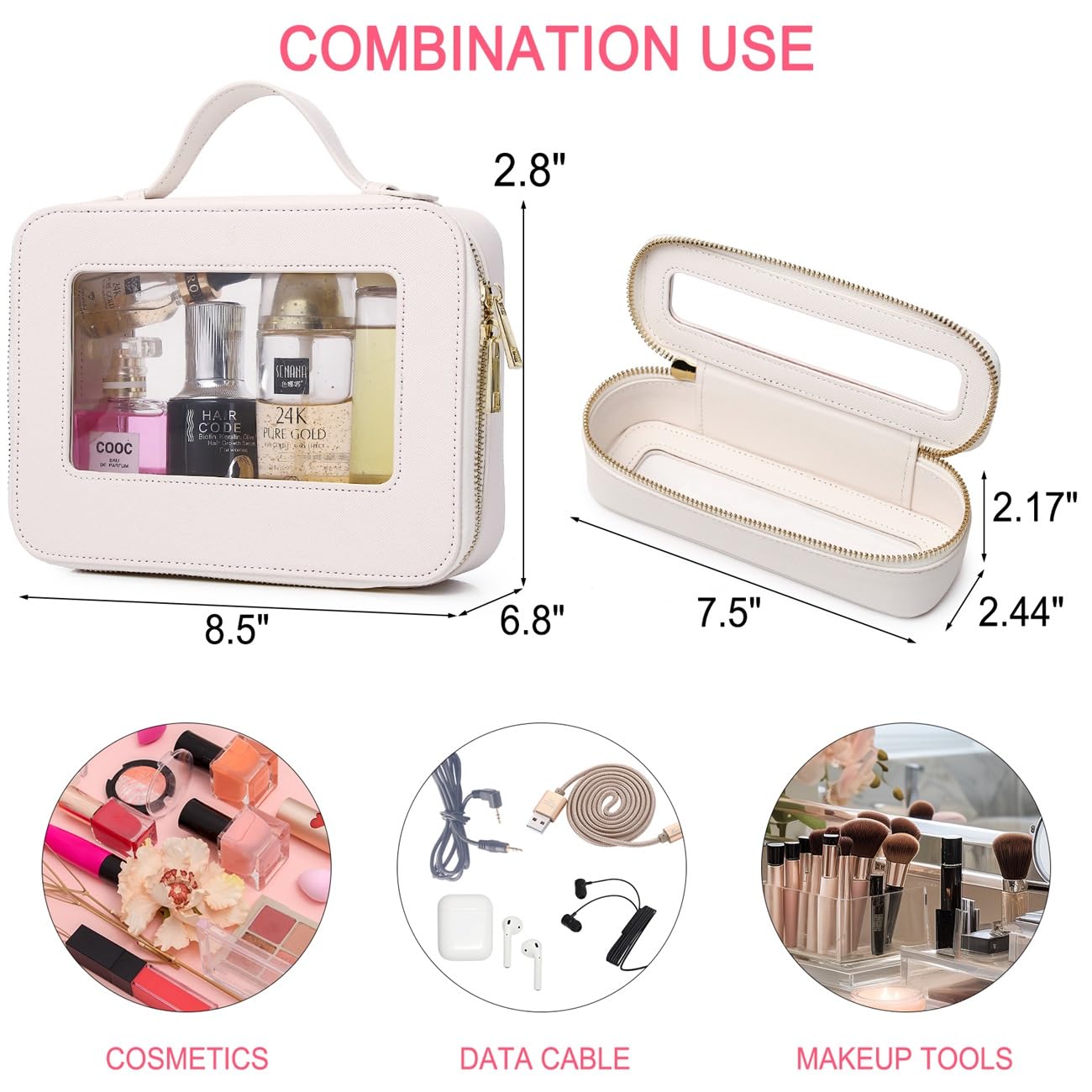 Pinkmik Clear Makeup Bag Portable Brush Bag transparent Travel Cosmetic Case Clear Toiletry Makeup Bag with Zipper for Women (B/White,slim)