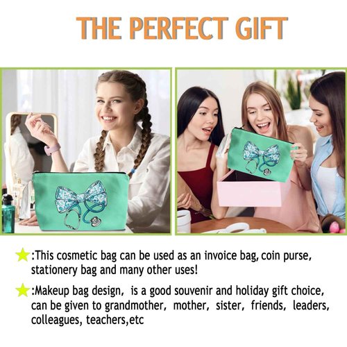 SQQCMM Chinoiserie Bow Stethoscope Nurse Green Makeup Bag - Trendy Nurse Themed Gifts for Girls Mom Women, Bow Stethoscope Nurse Cosmetic Bag, Nursing Student Gifts, Canvas Zipper Makeup Bag