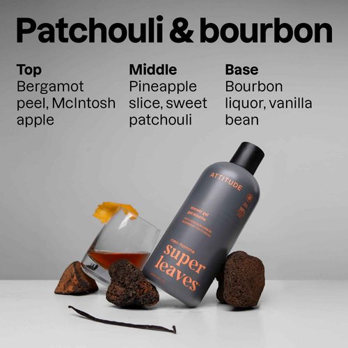 ATTITUDE Shower Gel Body Wash for Men, 98% Natural Origin Ingredients, Paraben & Phthalate Free, EWG Verified, Cleanses Without Drying, Patchouli & Bourbon, 14 Fl Oz