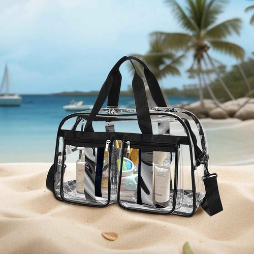 Enkrio Large Clear Tote Bag Clear Duffle Toiletry Bag with Zipper Transparent See Through Bag for Work Sports Gym Beach (Black)
