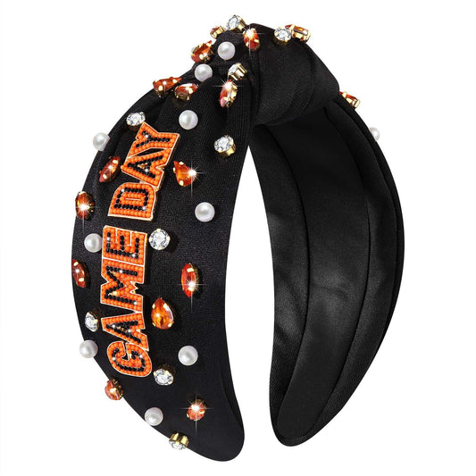 Football Headband for Women Football Accessories Beaded Football Rhinestone Crystal Knotted Headband Jeweled Embellished Game Day Top Knot Headband Football Mom Hair Accessories (C-Game Day 3)