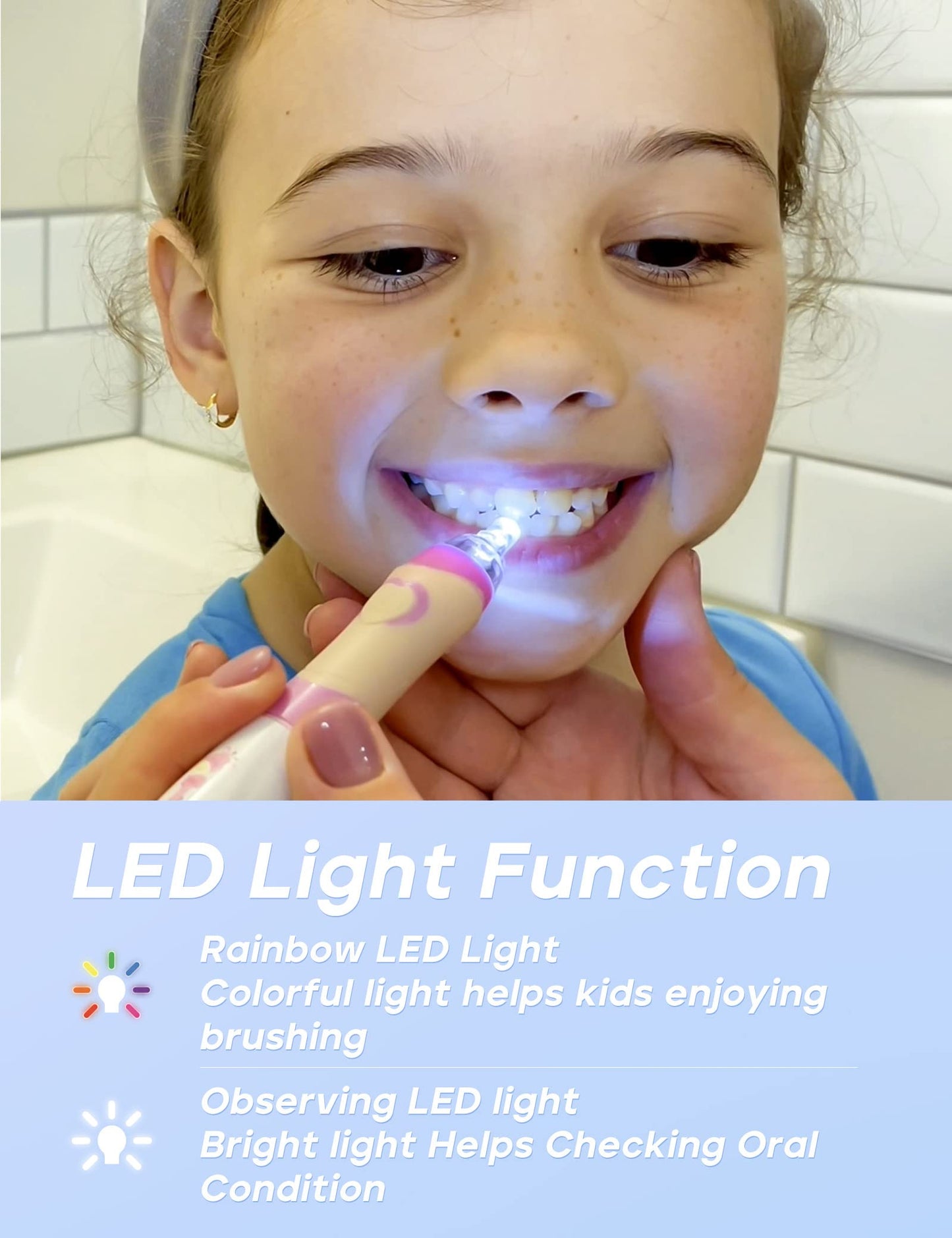 SEAGO Kids Electric Toothbrush with 2 Mins Brushing Timer and 8 Replacement Bursh Heads,Rainbow LED Light Make Brushing Fun, Blue Color Boys Battery Powerd Toothbrush for 4-12 Years Old